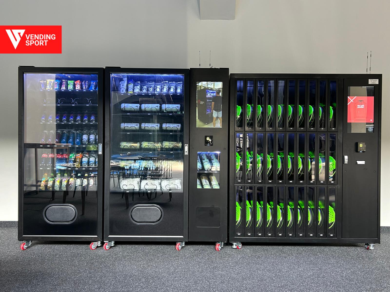 Vending Sport automati za padel klub — ormarić za rekete, automat za opremu i rashladni automat za piće